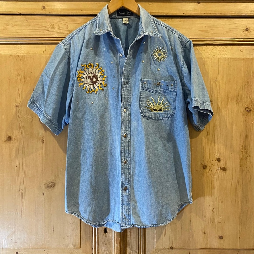 Vintage PARADISE POINT 90s Sun Stars Astrological Shirt Denim